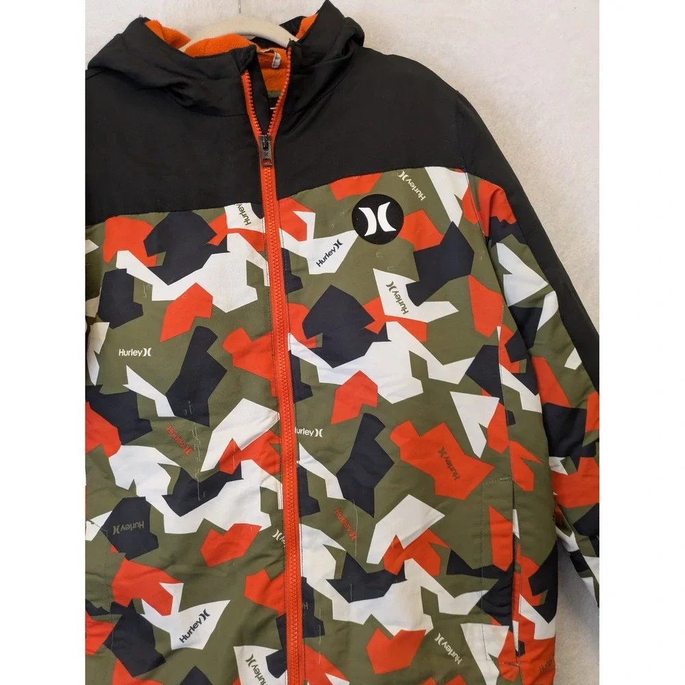 Hurley Puffer Jacket Kid's L (14/16) Green Orange Camo Hooded Fleece Lined‎